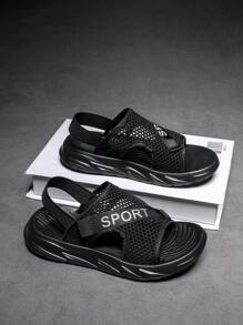 男孩魔術貼鏤空字母圖案織物運動涼鞋適合夏天 - 黑與白 - 查看 1