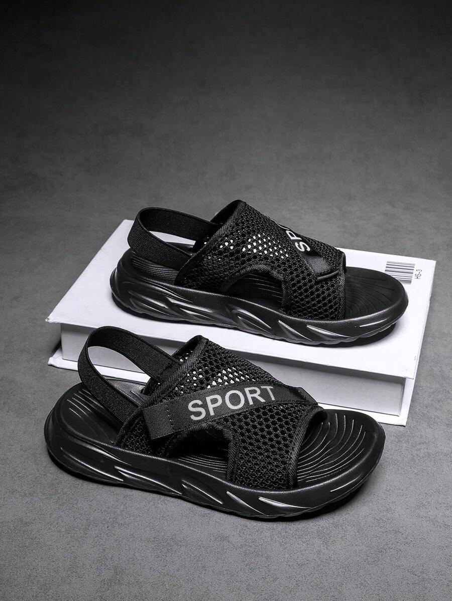 男孩魔術貼鏤空字母圖案織物運動涼鞋適合夏天 - 黑與白 - 查看 1