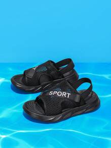 男孩魔術貼鏤空字母圖案織物運動涼鞋適合夏天 - 黑與白 - 查看 3