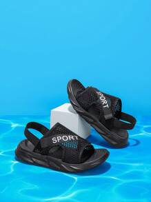 男孩魔術貼鏤空字母圖案織物運動涼鞋適合夏天 - 黑與白 - 查看 5