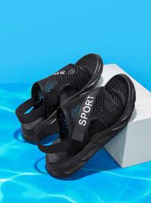 男孩魔術貼鏤空字母圖案織物運動涼鞋適合夏天 - 黑與白 - 查看 7