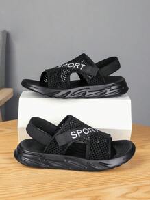 男孩魔術貼鏤空字母圖案織物運動涼鞋適合夏天 - 黑與白 - 查看 8