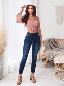 SHEIN Frenchy High Waist Skinny Jeans - Dark Wash - View 3