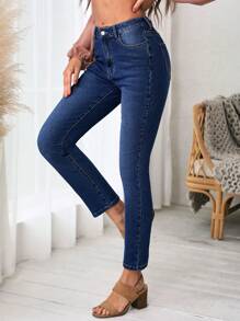 SHEIN Frenchy High Waist Skinny Jeans - Dark Wash - View 5