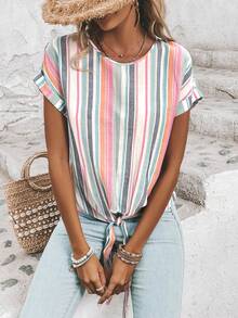 SHEIN LUNE Áo sơ mi nữ Thắt nút Sọc Giải trí - Nhiều màu - Xem 4