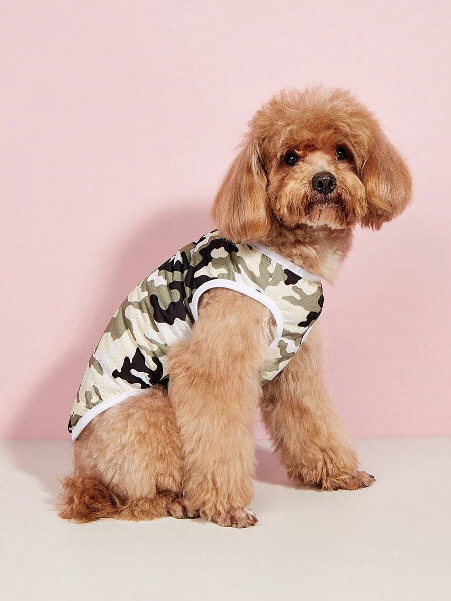 1入組迷彩印花寵物背心適用於貓和狗狗適合夏天 - 軍綠色 - 查看 1