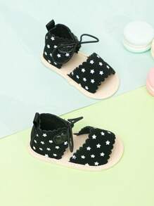 女嬰星星圖案露趾平底涼鞋適合夏天 - 黑色 - 查看 4