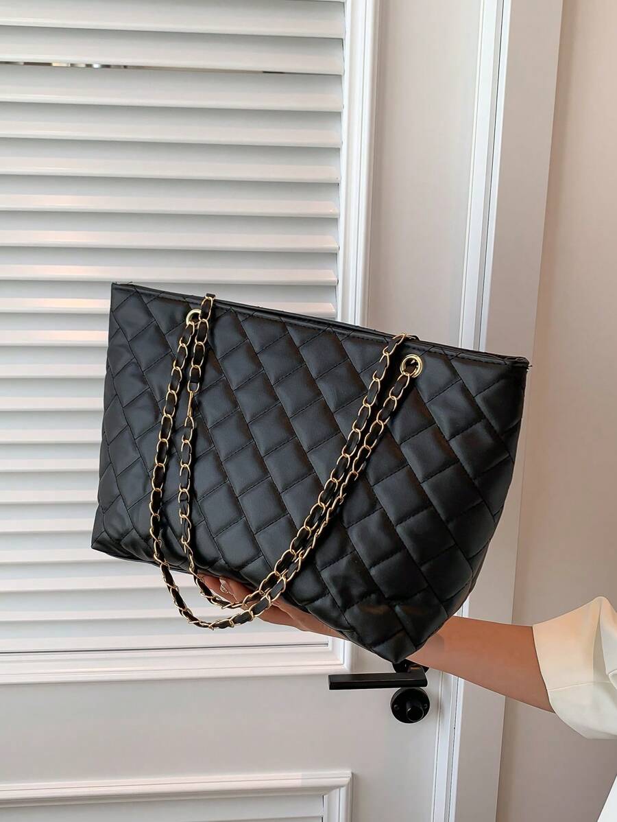 大衍縫單肩托特包黑色鏈條帶辦公 - 黑色 - 查看 1