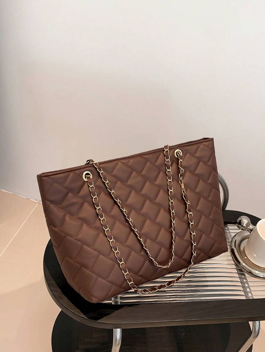 Large Quilted Shoulder Tote Bag Brown Chain Strap For Work - Coffee Brown - View 1