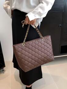 Large Quilted Shoulder Tote Bag Brown Chain Strap For Work - Coffee Brown - View 2
