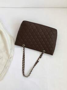 Large Quilted Shoulder Tote Bag Brown Chain Strap For Work - Coffee Brown - View 5