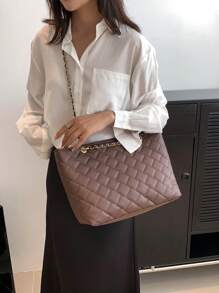 Large Quilted Shoulder Tote Bag Brown Chain Strap For Work - Coffee Brown - View 8