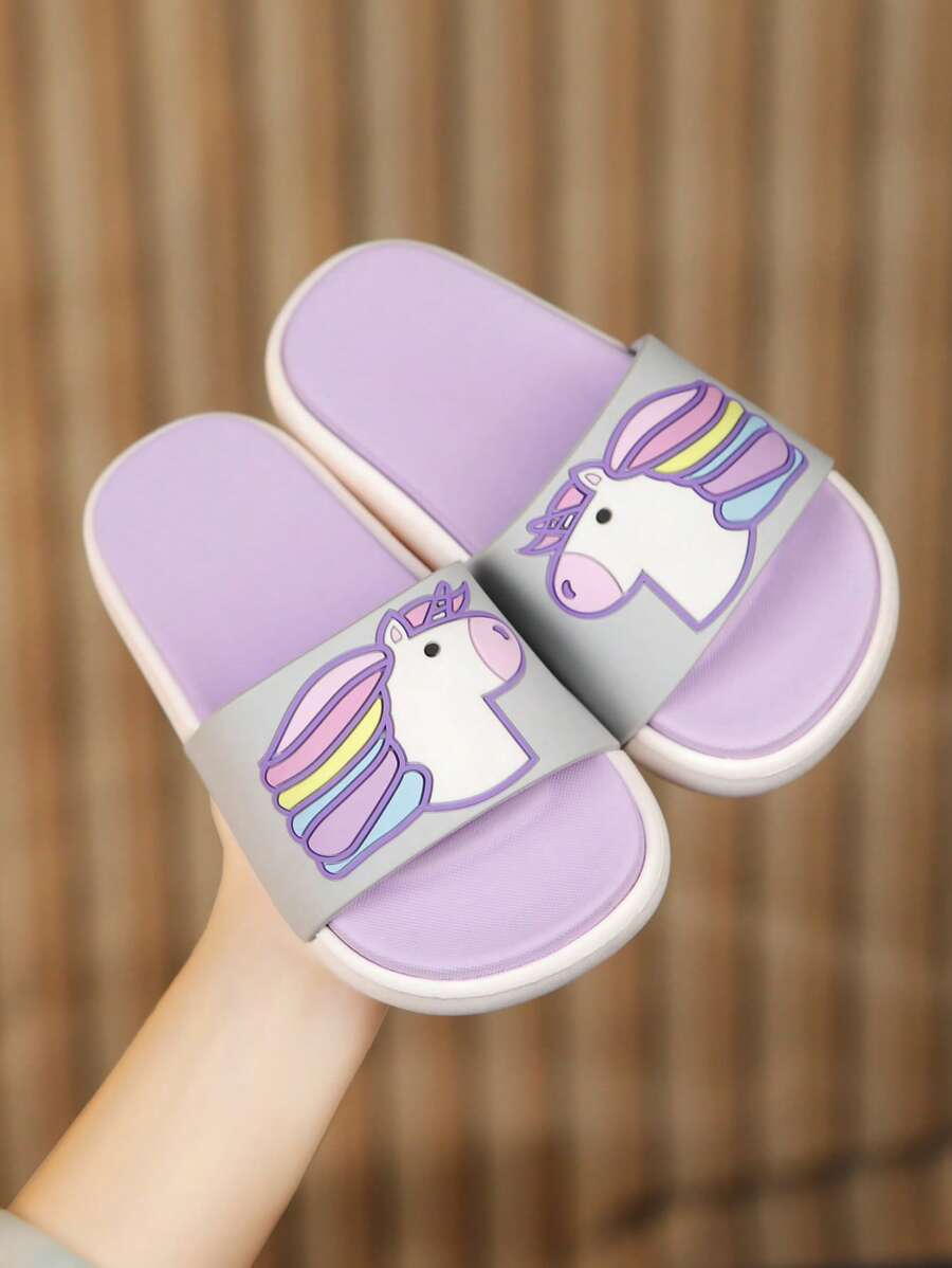 Chicas Zapatillas con patrón de unicornio de punta abierta para verano - Morado - Ver 1