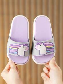 Chicas Zapatillas con patrón de unicornio de punta abierta para verano - Morado - Ver 2