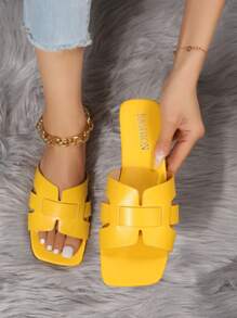 大码 35-43 夏季时尚简约舒适露趾一脚蹬凉鞋，日常海滩平底凉鞋，红色 PU 鞋面方头平底女士凉鞋，百搭户外正装凉鞋 - 黃色 - 查看 1