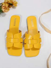 大码 35-43 夏季时尚简约舒适露趾一脚蹬凉鞋，日常海滩平底凉鞋，红色 PU 鞋面方头平底女士凉鞋，百搭户外正装凉鞋 - 黃色 - 查看 4