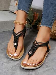 Women Metal Decor Braided Detail Slingback Thong Sandals, Vacation Summer Flat Sandals - Black - View 1