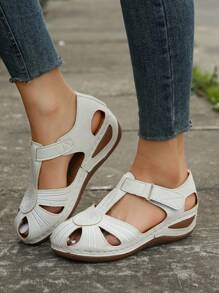 女士鏤空踝帶坡跟優雅夏天涼鞋 - 白色 - 查看 1