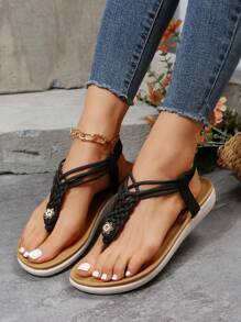 Women Metal Decor Braided Detail Slingback Thong Sandals, Vacation Summer Flat Sandals - Black - View 2