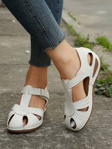 女士鏤空踝帶坡跟優雅夏天涼鞋 - 白色 - 查看 4