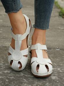 女士鏤空踝帶坡跟優雅夏天涼鞋 - 白色 - 查看 6
