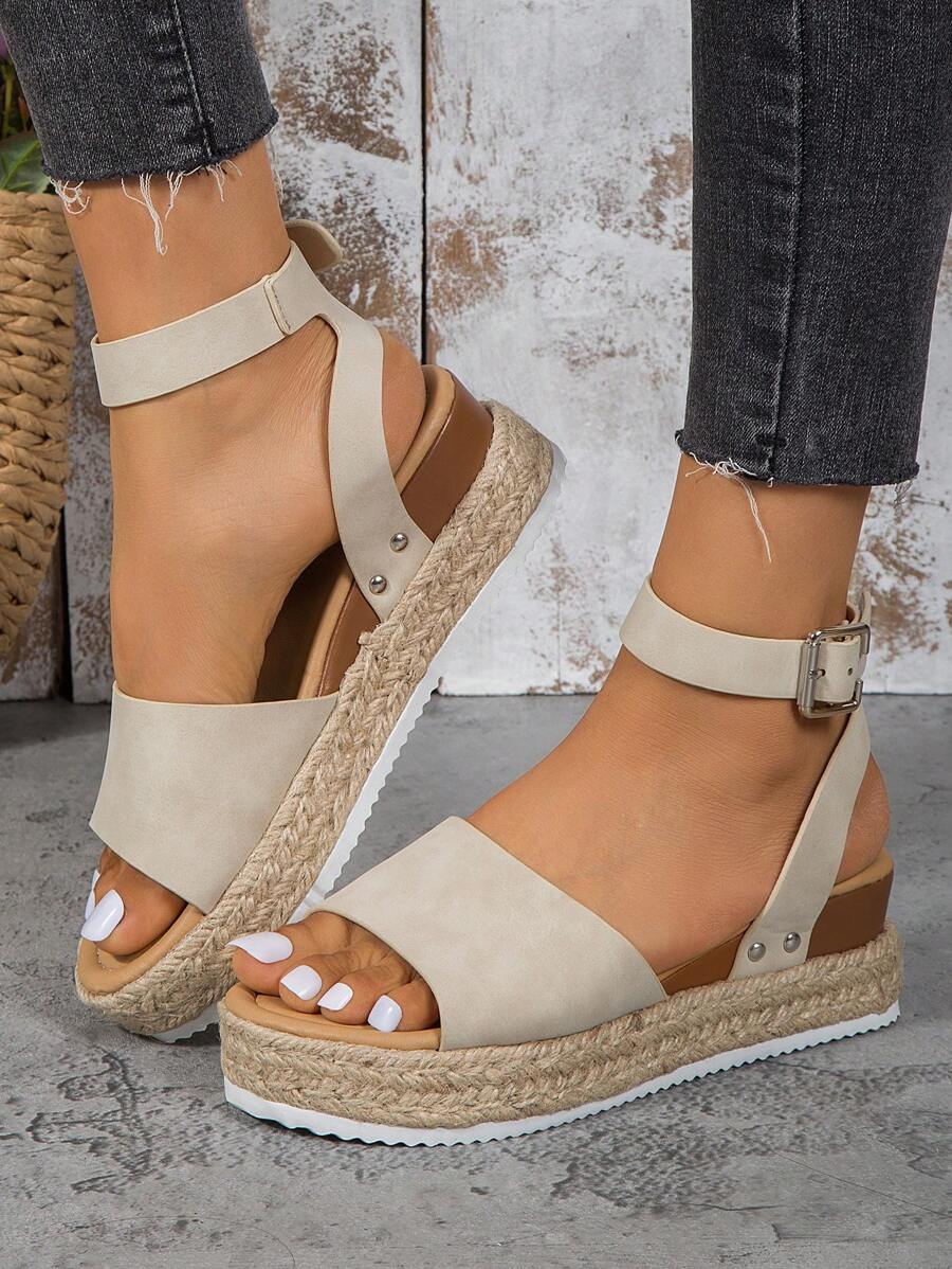 1双女士时尚厚底凉鞋，搭扣设计，编织厚底，舒适透气，适合夏季日常穿着、休闲通勤，时尚实用厚底凉鞋 - 米色 - 查看 1