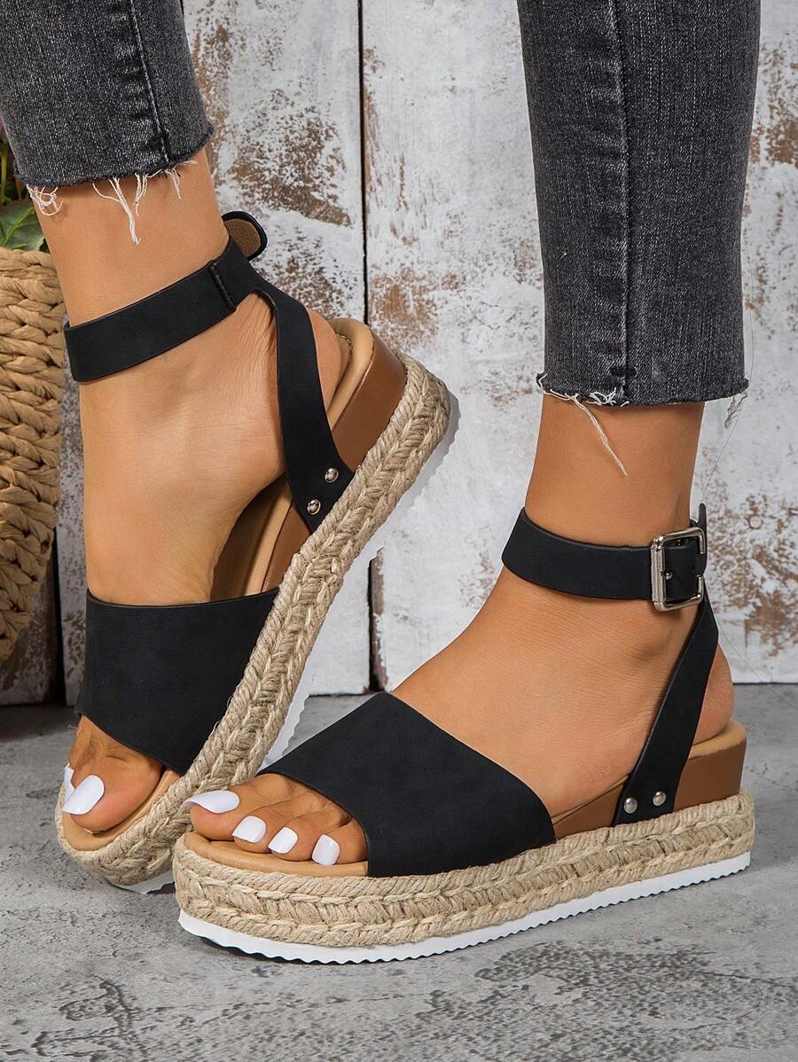 一双女士时尚厚底凉鞋，搭扣设计，编织厚底，舒适透气，适合夏季日常穿着、休闲通勤，时尚实用，旅行必备。 - 黑色 - 查看 1