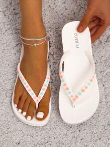 luofu Women Flower Decor Flip Flops, Fashion Beach Flip Flops - White - View 1