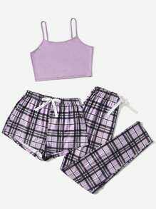 3 件套格子印花系带睡衣套装/睡衣套装 - 彩色 - 查看 4