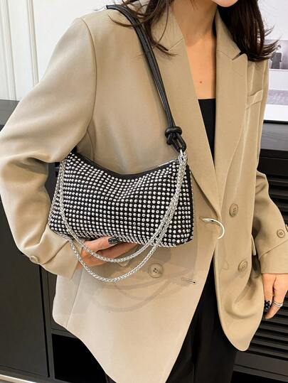 Medium Hobo Bag Black Studded & Chain Decor Punk, Clear Bag