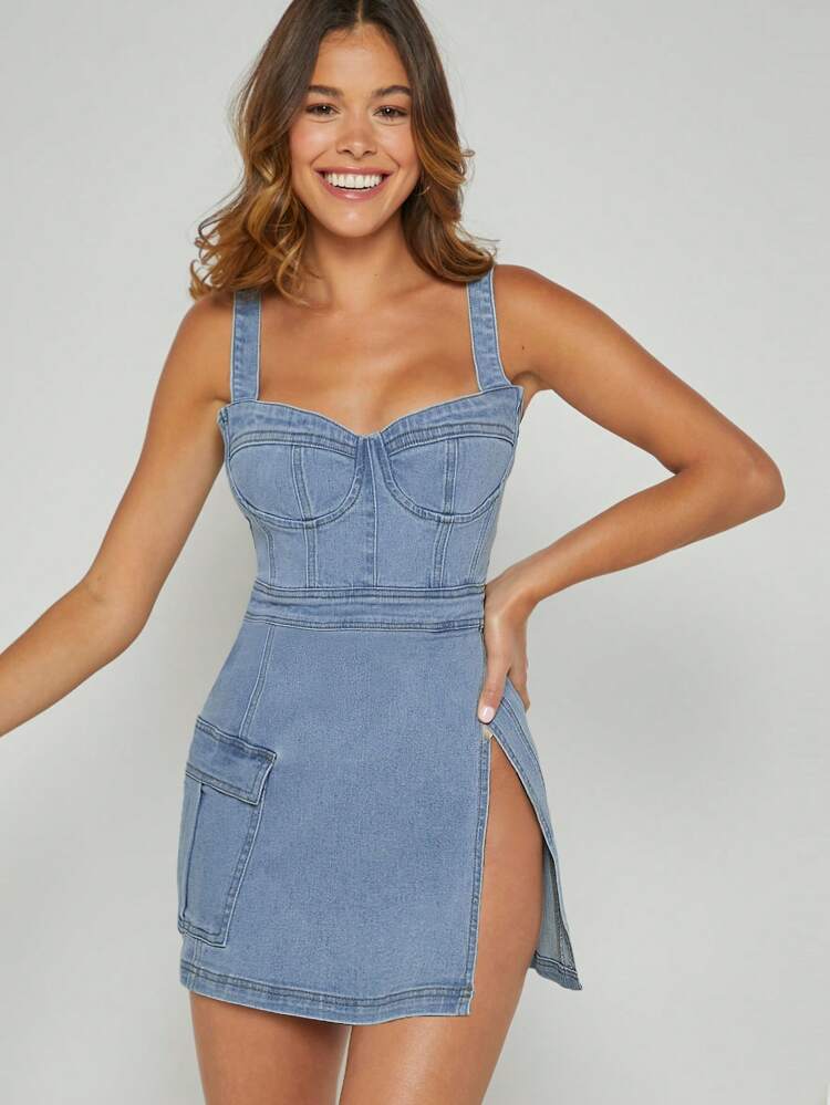 Split Thigh Bustier Flap Pocket Cami Denim Dress