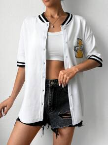 Cottnline Letter Graphic Striped Trim Drop Shoulder Baseball Collar Tee - White - View 1