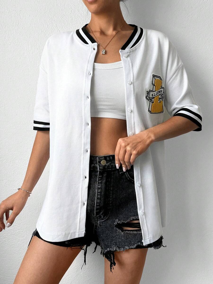 Cottnline Letter Graphic Striped Trim Drop Shoulder Baseball Collar Tee - White - View 1