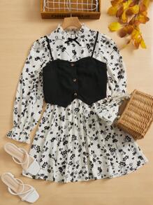 SHEIN LUNE Bộ đồ hai mảnh nữ Nơ Bướm viền lá sen Xù Nút phía trước Hoa Boho - Đen và trắng - Xem 1