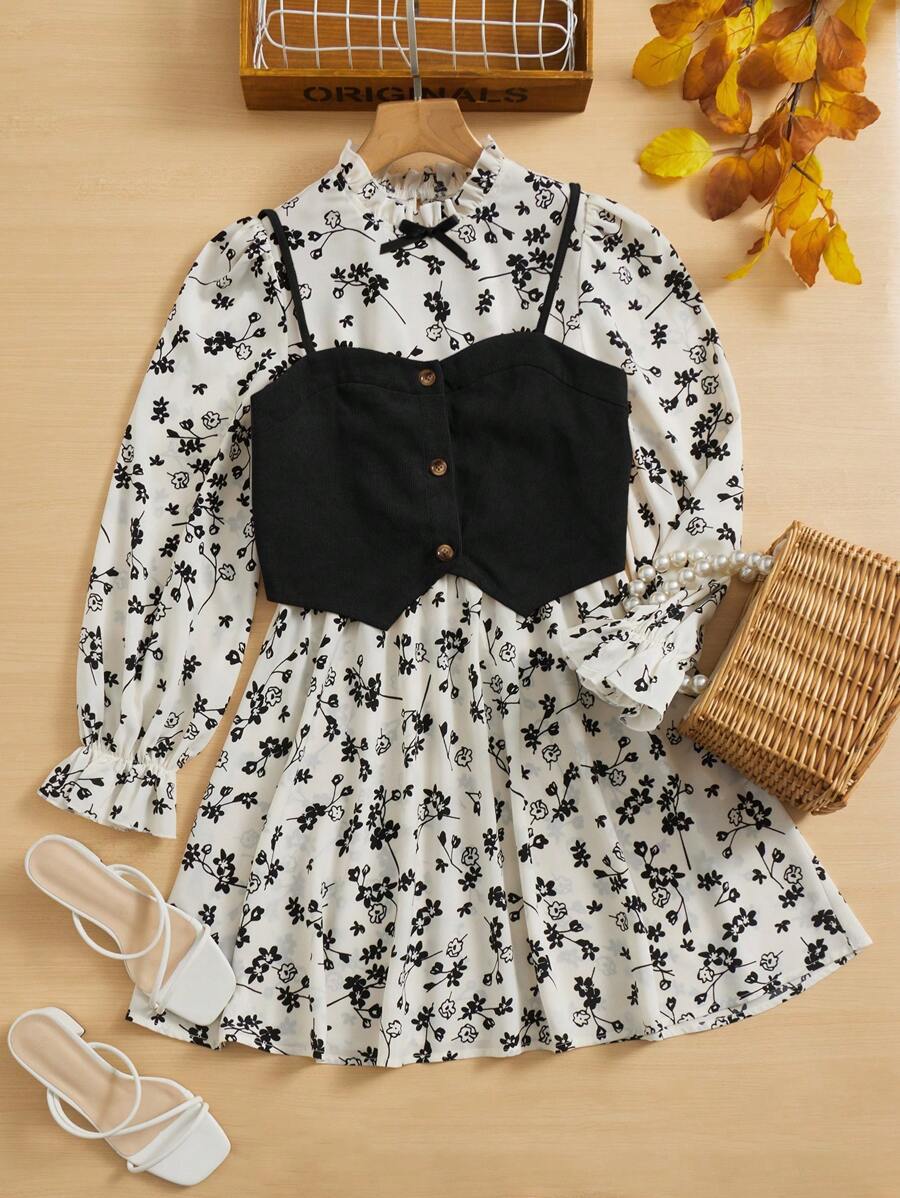 SHEIN LUNE Bộ đồ hai mảnh nữ Nơ Bướm viền lá sen Xù Nút phía trước Hoa Boho - Đen và trắng - Xem 1
