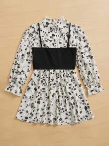 SHEIN LUNE Bộ đồ hai mảnh nữ Nơ Bướm viền lá sen Xù Nút phía trước Hoa Boho - Đen và trắng - Xem 2