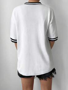 Cottnline Letter Graphic Striped Trim Drop Shoulder Baseball Collar Tee - White - View 2