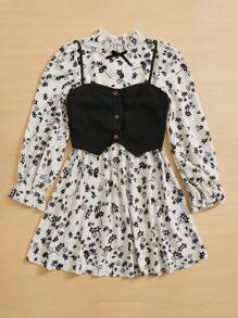SHEIN LUNE Bộ đồ hai mảnh nữ Nơ Bướm viền lá sen Xù Nút phía trước Hoa Boho - Đen và trắng - Xem 3