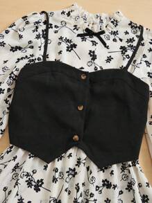 SHEIN LUNE Bộ đồ hai mảnh nữ Nơ Bướm viền lá sen Xù Nút phía trước Hoa Boho - Đen và trắng - Xem 4