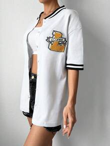 Cottnline Letter Graphic Striped Trim Drop Shoulder Baseball Collar Tee - White - View 4