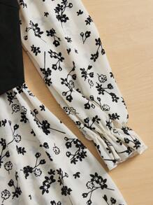 SHEIN LUNE Bộ đồ hai mảnh nữ Nơ Bướm viền lá sen Xù Nút phía trước Hoa Boho - Đen và trắng - Xem 5