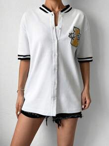 Cottnline Letter Graphic Striped Trim Drop Shoulder Baseball Collar Tee - White - View 5