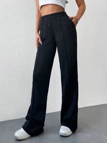 EURMUSE Solid Elastic Waist Sweatpants - Black - View 4