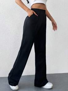 EURMUSE Solid Elastic Waist Sweatpants - Black - View 5