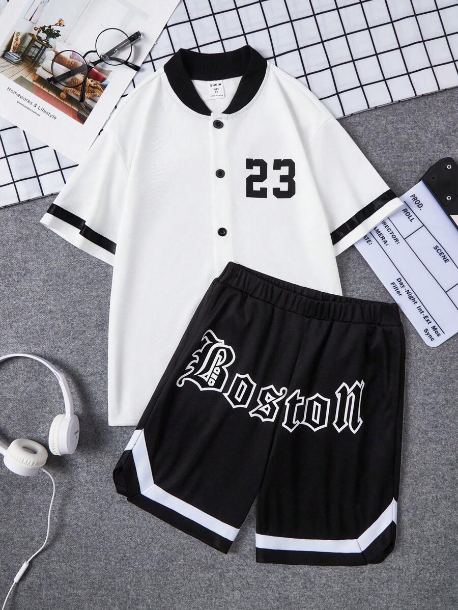SHEIN 男孩字母圖案棒球領襯衫和短褲 - 黑與白 - 查看 1