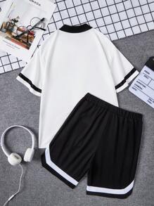 SHEIN 男孩字母圖案棒球領襯衫和短褲 - 黑與白 - 查看 2