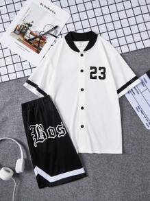 SHEIN 男孩字母圖案棒球領襯衫和短褲 - 黑與白 - 查看 4