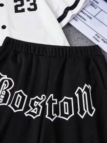 SHEIN 男孩字母圖案棒球領襯衫和短褲 - 黑與白 - 查看 5