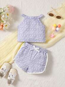 嬰兒碎花掛脖上衣和撞色滾邊短褲 - 紫色 - 查看 3