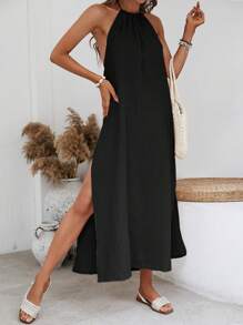 SHEIN VCAY Sping Solid Split Thigh Halter Backless Black Long Dress